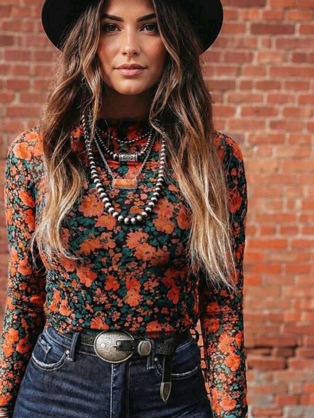 Women's Floral Mesh Long-Sleeve Top in Orange and Black